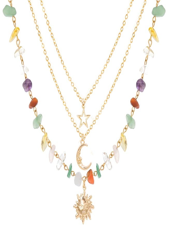 Wovanoo Stone Necklace Layered Choker Necklace Boho Natural Stone Pendant Necklace for Women Colorful - Image 1